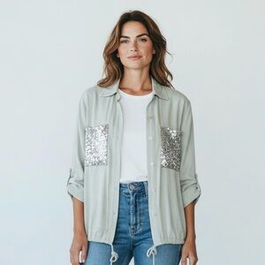 Made in Italy Stylish‎ Light Green with Silver Sequins Button Down Shacket Shirt